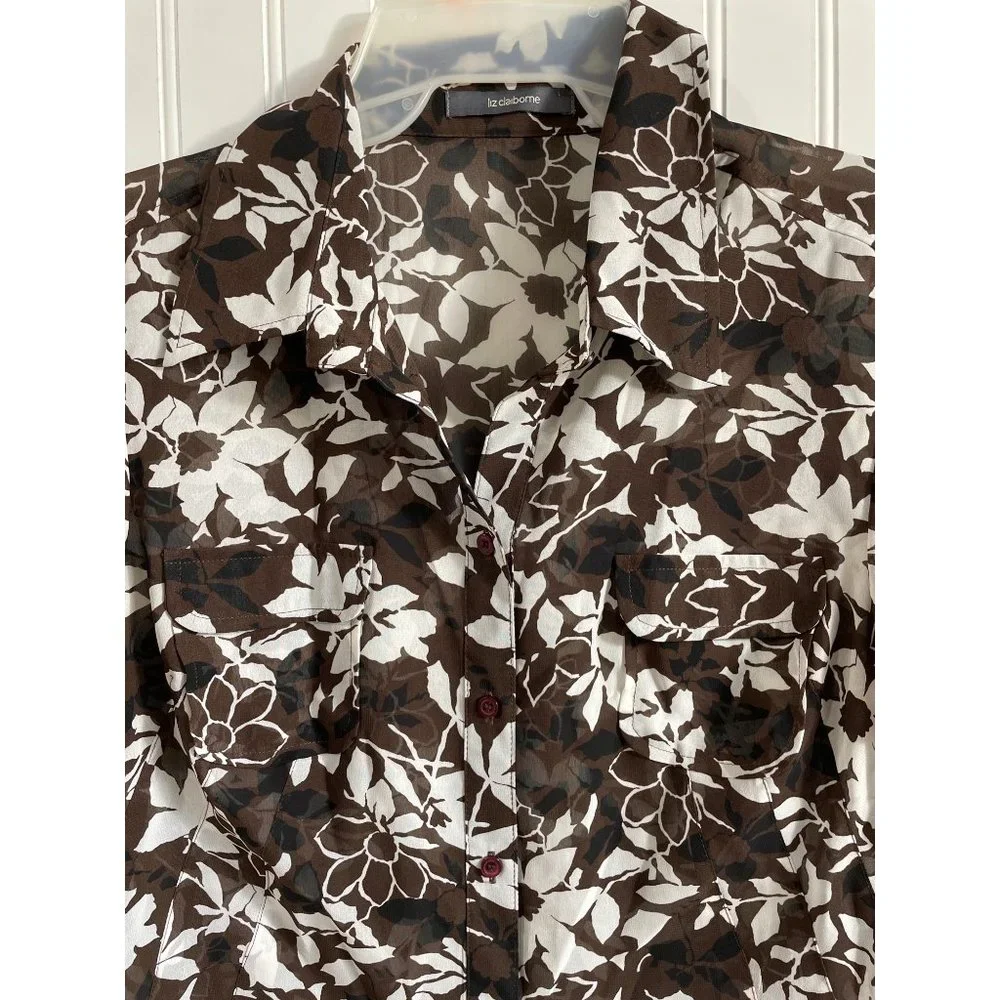 Liz Claiborne Shirt Women's 10 Brown White Floral Semi Sheer Collared Blouse Top - Picture 3 of 5